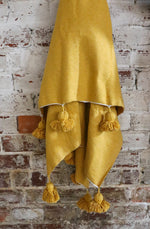 Yellow Spice Handwoven Cotton Pom Blanket