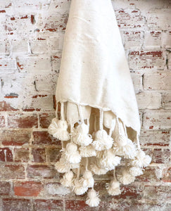 Natural Handwoven Cotton Pom Blanket