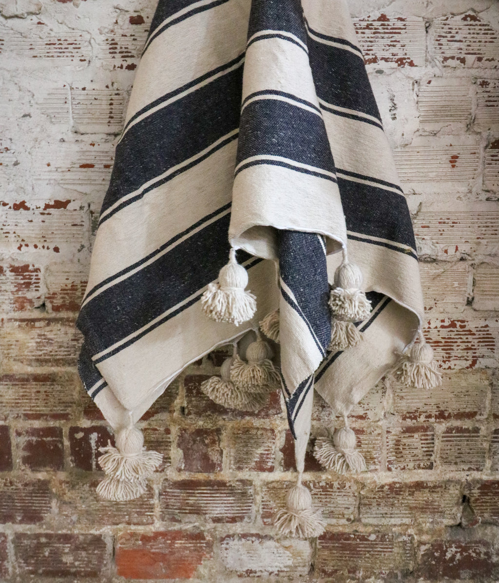 Charcoal Wide Stripe Handwoven Cotton Pom Blanket