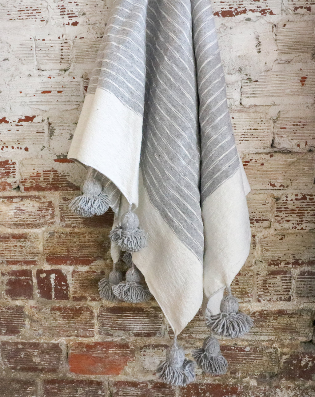 Modern Gray Handwoven Cotton Pom Blanket